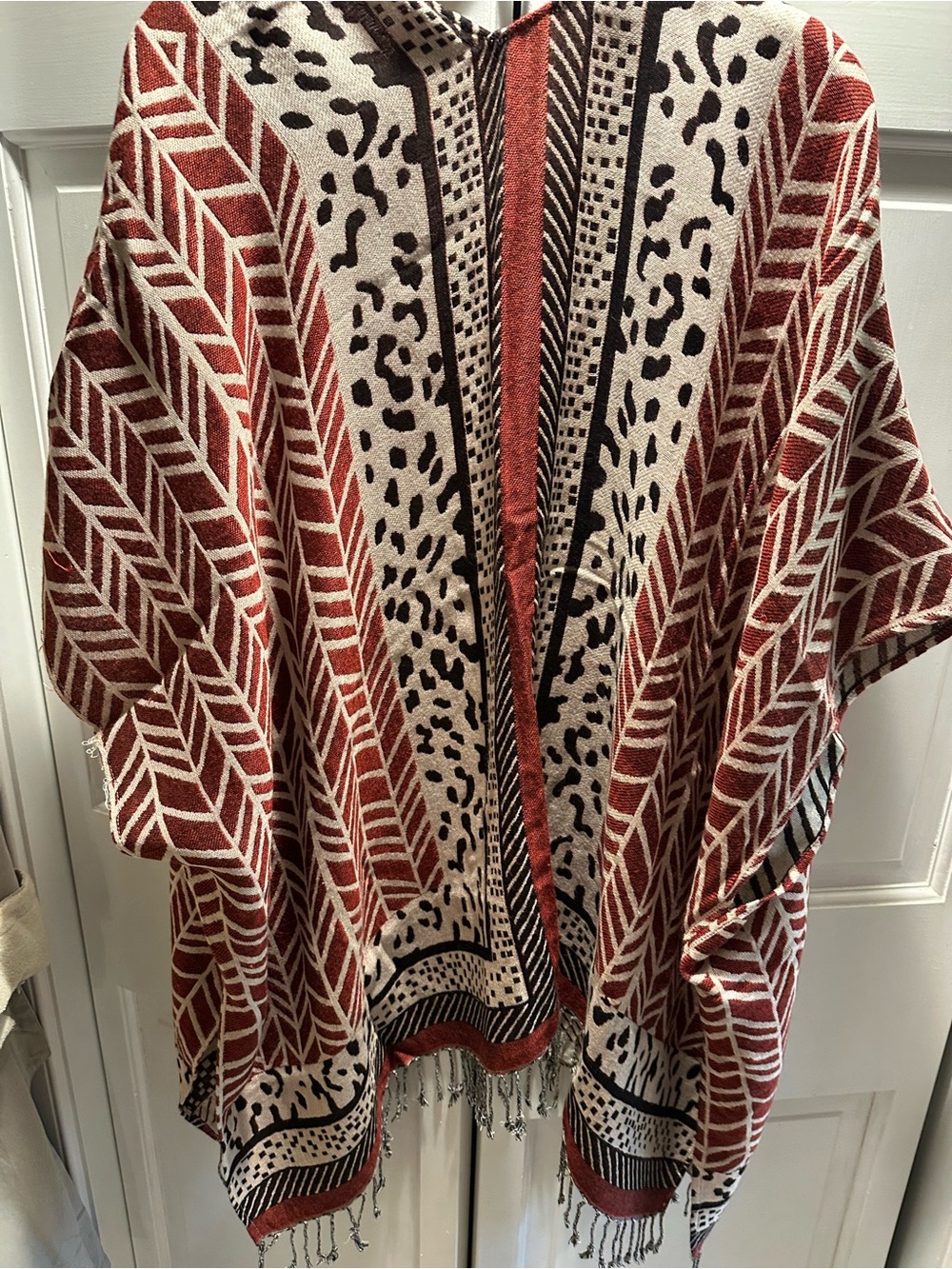 Chico's Open-Front Patterned Ruana in Rust, Black & Cream - Picture 3 of 5